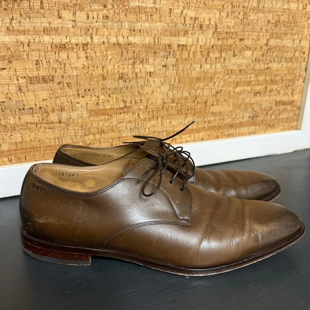 Hugo Boss Mens Brown Leather Derby Dress Shoes Made in Italy 50470980 Size 9.5